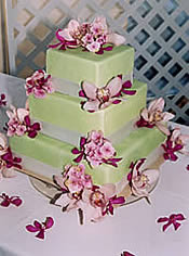 Lime green wedding cake with orchids.